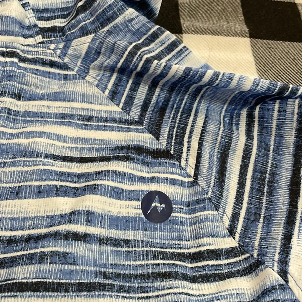 Marmot Windbreaker Striped Blue White Hooded Lightweight Running Jacket Large